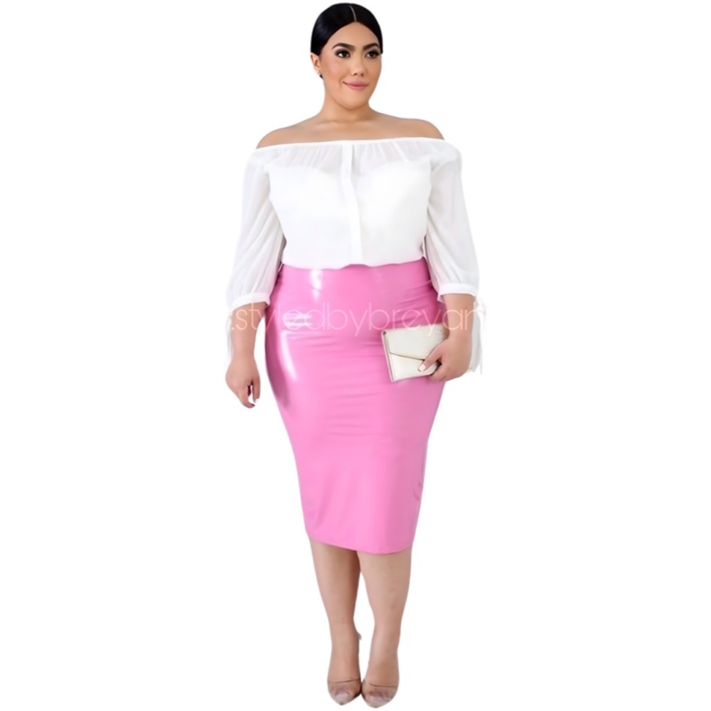 Bella Rose Faux Leather Midi Skirt | Plus Size | Rose Pink